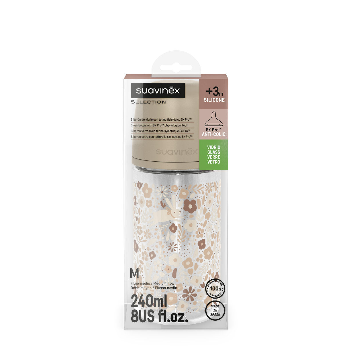 Mamadera de Vidrio 240 ml - Flujo M (+3 meses) Fisiológico - Wonder Beige
