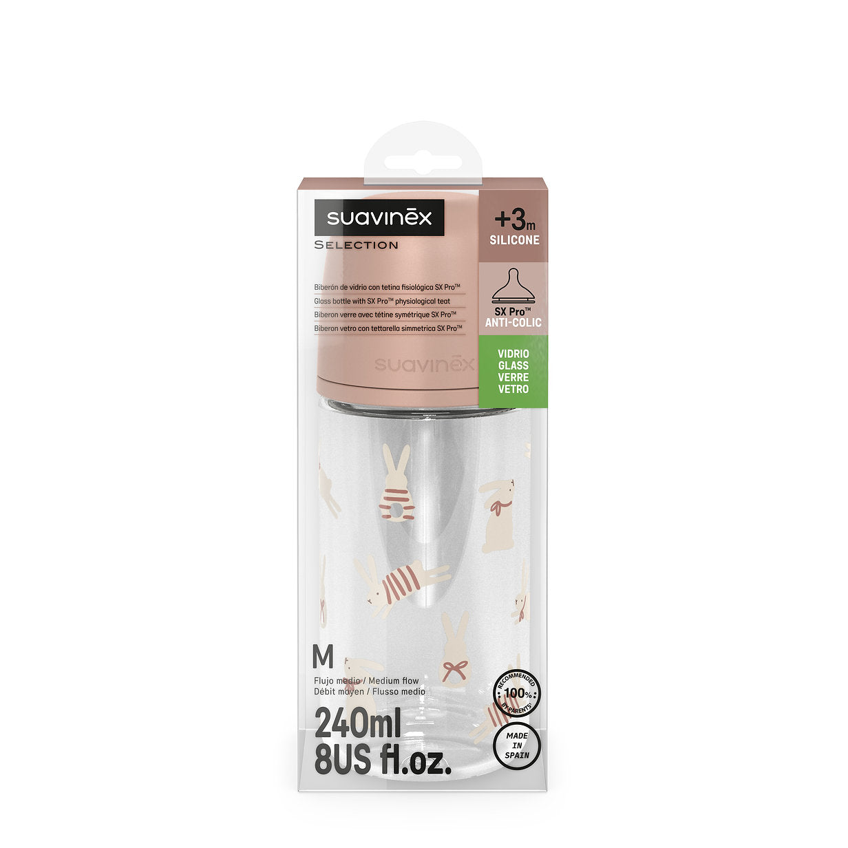 Mamadera de Vidrio 240 ml - Flujo M (+3 meses) Fisiológico - Wonder Rosa