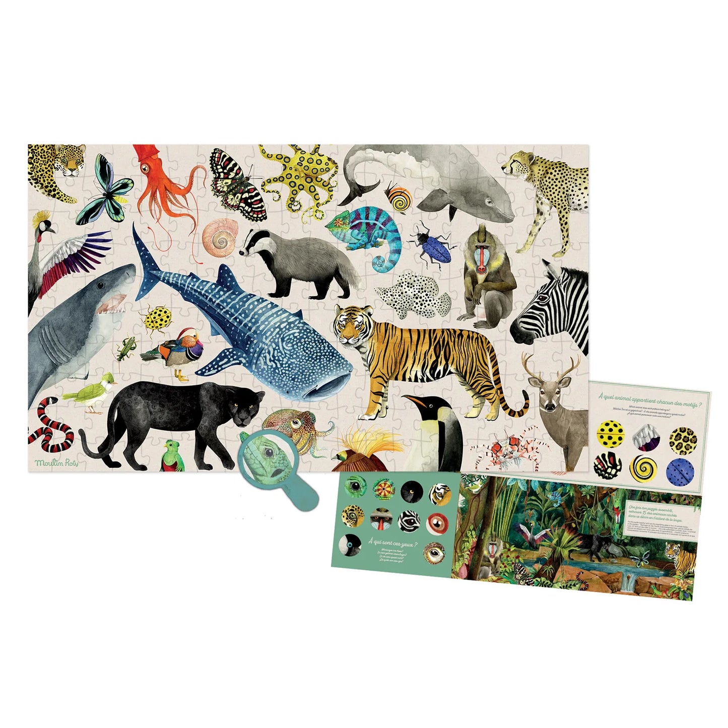 Puzzle con lupa y poster 200 piezas - Animales del Mundo