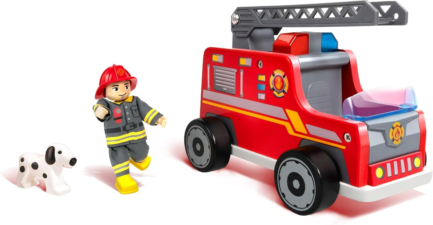 Camión de bomberos con muñeco y perro de rescate