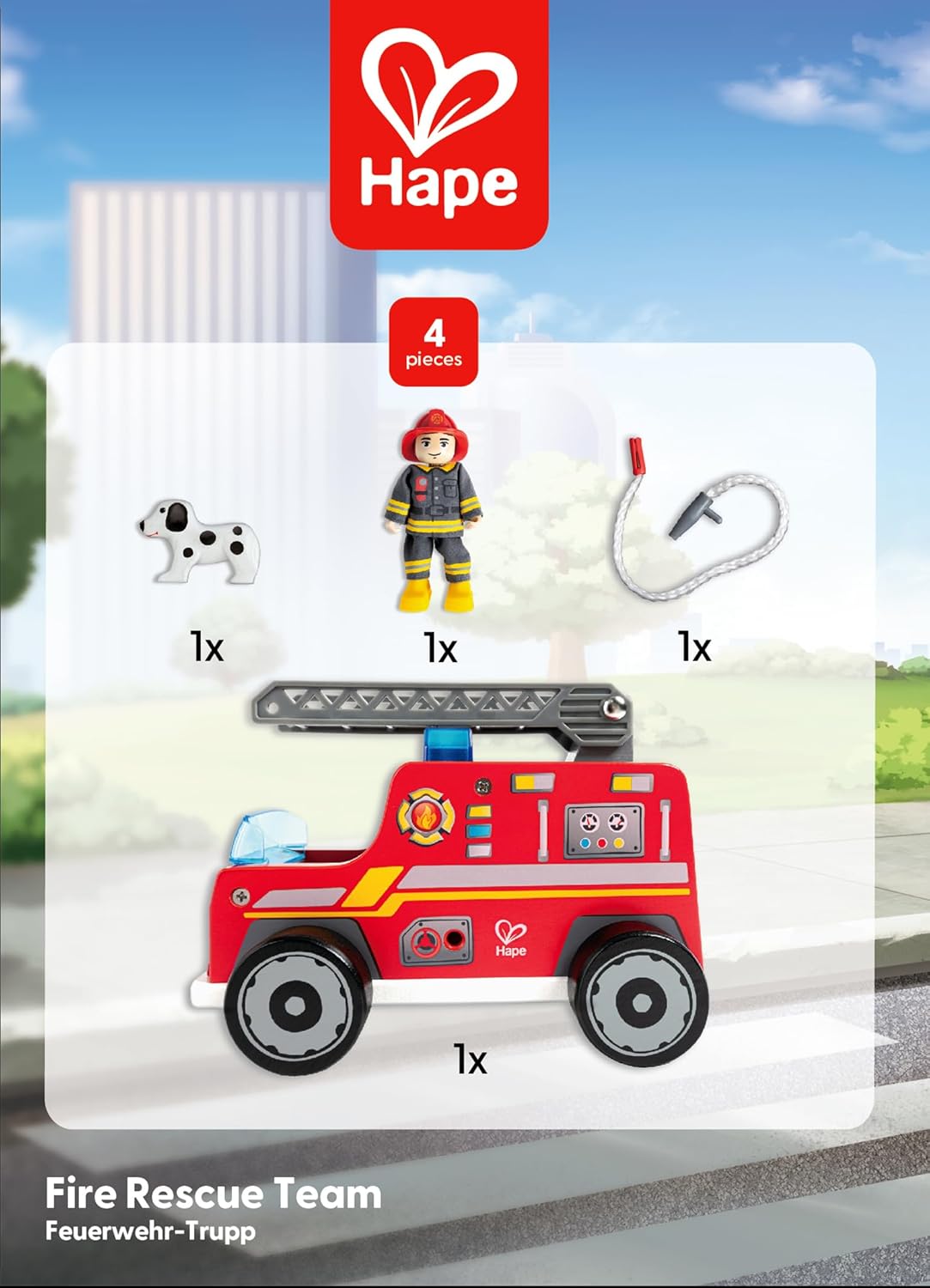 Camión de bomberos con muñeco y perro de rescate