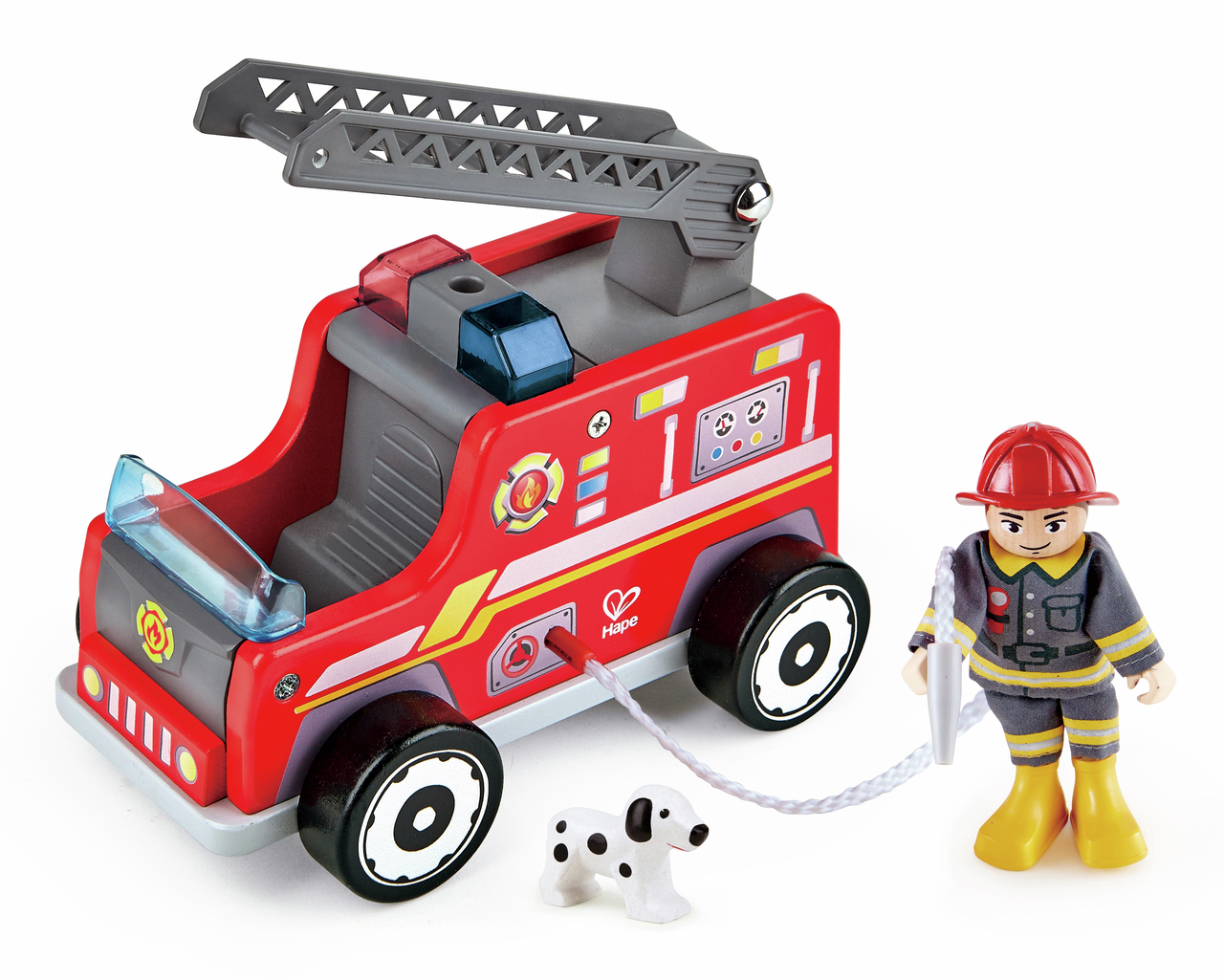 Camión de bomberos con muñeco y perro de rescate