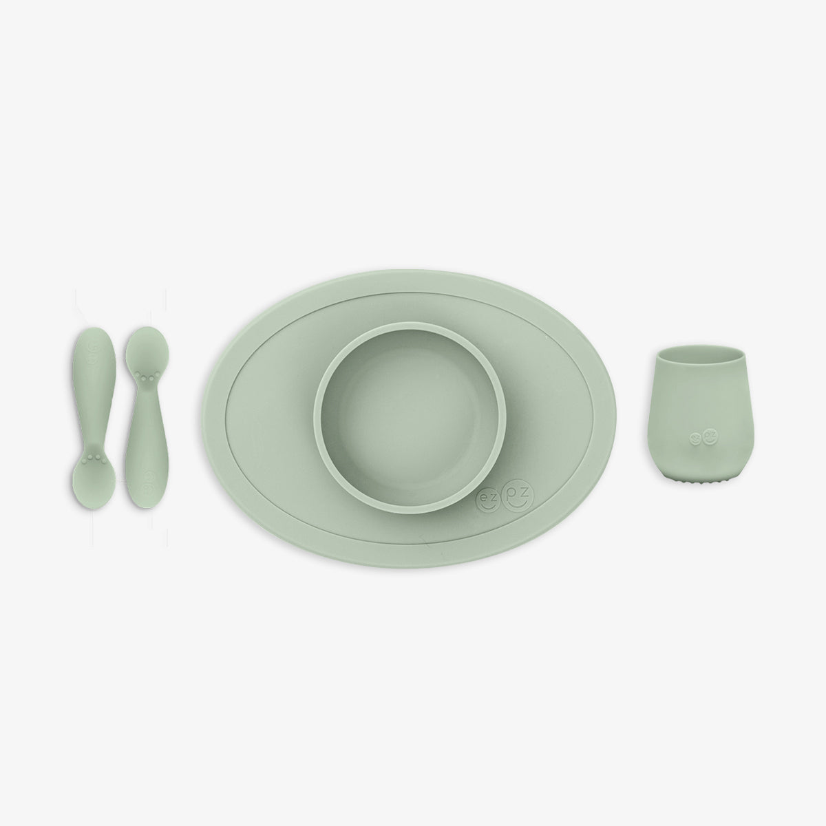 First Foods Set - Plato Antideslizante, Vaso y Cucharas - Sage