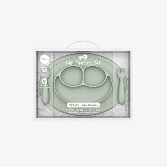 Mini Feeding Set - Plato Antideslizante con Individual + Tenedor y Cuchara - Sage